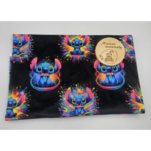 Welur soft drukowany elastycznym - STITCH NA CZARNYM KOLOROWE KLEKSY 1M #632
